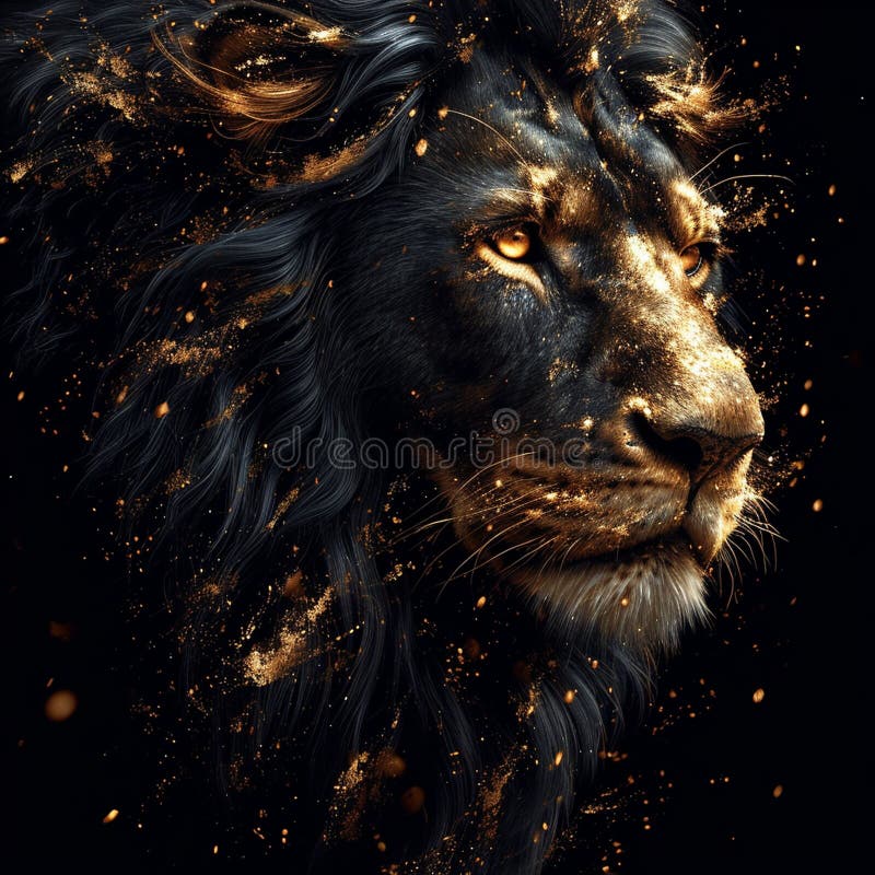 雄伟的狮子，由闪闪发光的金色和深黑色的色调组成. 免版税库存照片
