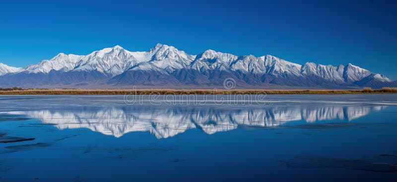 雄伟的雪顶山脉，清澈的湖泊清澈的蓝天，宁静的冬季风景 库存照片