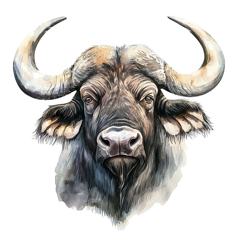 雄伟的非洲角水牛肖像一幅引人注目的野生动物水彩插画库存例证. 插画