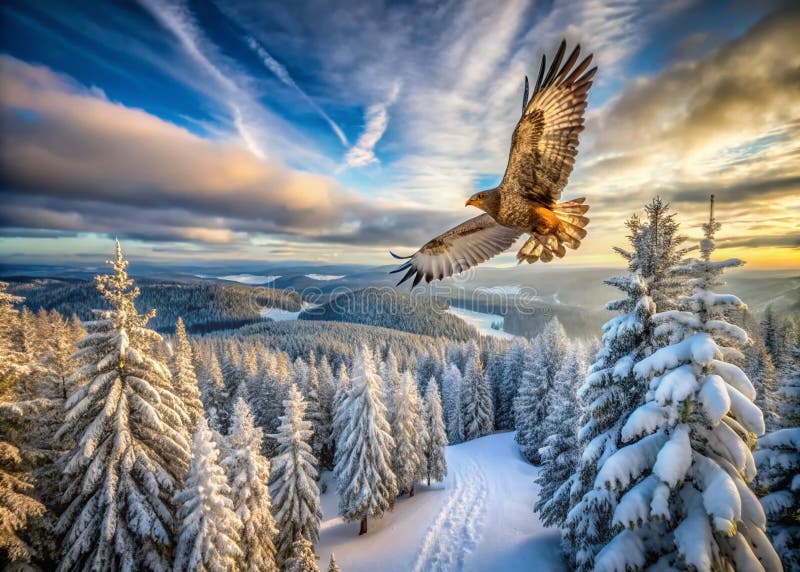 雄伟的鹰隼翱翔在白雪皑皑的荒野之上 令人叹为观止的冬季空中景象 向量例证