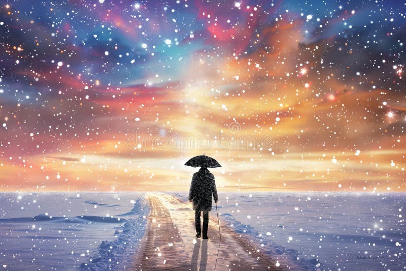 雨伞走向多彩的天空希望之旅的《雪路女人的孤独》 库存例证