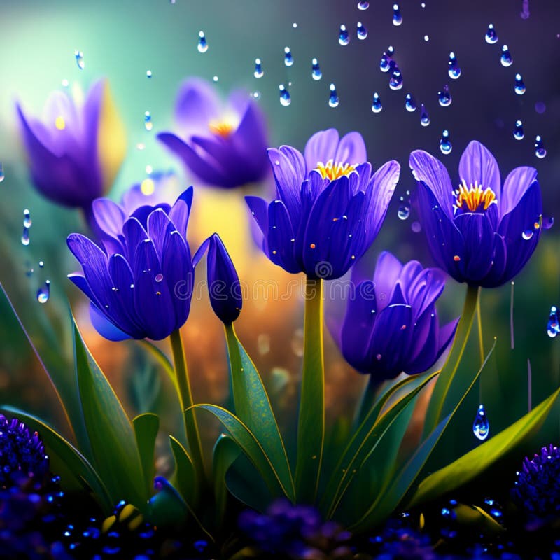 雨滴轨迹背景水滴中青花春花. 青藏红花属红花属，是虹膜家族中一组常年开花小植物. 它们以它们的杯形花而着称，这些花有从淡蓝到深紫蓝的各种颜色. 花有6个花瓣，中央有黄色或橙色的花冠. 创成图