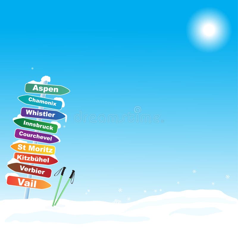 Ski trip illustration with most famous ski destinations. Ski trip illustration with most famous ski destinations