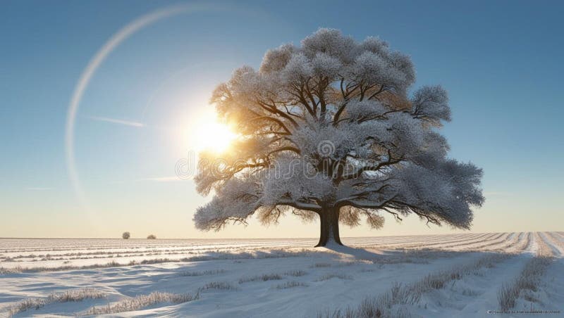 雪地覆盖着阳光的雪花园独树 向量例证