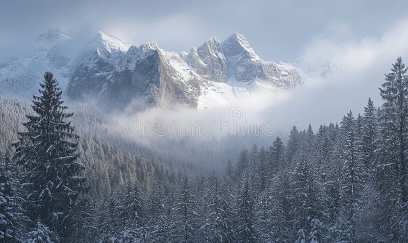 雪山景，雾气雄伟的山峰，浓郁的常绿森林冬景，宁静的气氛 库存图片