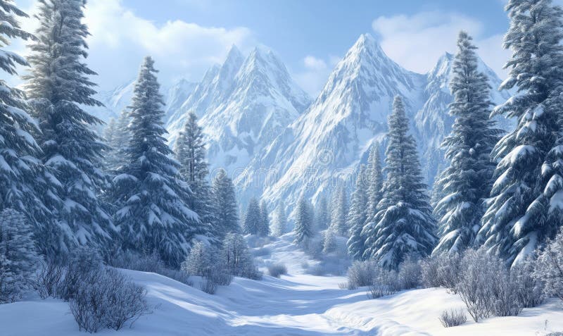 雪山的风景是松树雄伟的山峰，宁静的冬季景色清澈的蓝天雪地覆盖的地面 免版税图库摄影