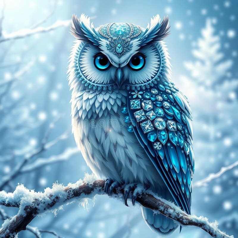 雪林中水晶点缀雄伟的冬鸮 库存图片