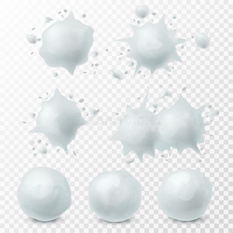 Snowball splatter. Snow splashes and round shape white snowballs winter kids fight game frozen elements decoration set for christmas holidays realistic 3d vector set isolated on transparent background. Snowball splatter. Snow splashes and round shape white snowballs winter kids fight game frozen elements decoration set for christmas holidays realistic 3d vector set isolated on transparent background