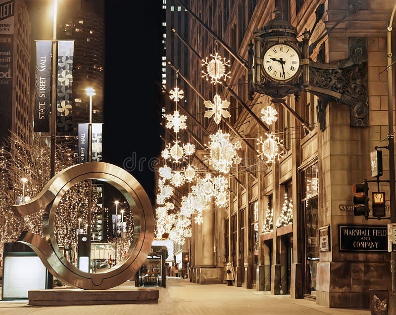 This image, captured with a Mamiya medium format camera, was taken on a cold early January night in 1984, on Chicago`s famous State Street, in the heart of the downtown `Loop.`  Among the notable objects are the clock at the Marshall Fields department store which has since closed.  Alsobeing born  on the left, the sculpture of stainless steel and granite, called `Being Born.`  It has since been moved to another location.  Chicago residents particularly appreciate holiday decorations to boost their spirits during the long, cold winter months.  They are in no rush to take down the cheerful visual highlights of the Christmas shopping season until well into January.  The busy street is virtually deserted, but after all, as the clock tells the tale, it is 9:29 pm, and no commercial establishments are open at that hour. This image, captured with a Mamiya medium format camera, was taken on a cold early January night in 1984, on Chicago`s famous State Street, in the heart of the downtown `Loop.`  Among the notable objects are the clock at the Marshall Fields department store which has since closed.  Alsobeing born  on the left, the sculpture of stainless steel and granite, called `Being Born.`  It has since been moved to another location.  Chicago residents particularly appreciate holiday decorations to boost their spirits during the long, cold winter months.  They are in no rush to take down the cheerful visual highlights of the Christmas shopping season until well into January.  The busy street is virtually deserted, but after all, as the clock tells the tale, it is 9:29 pm, and no commercial establishments are open at that hour.