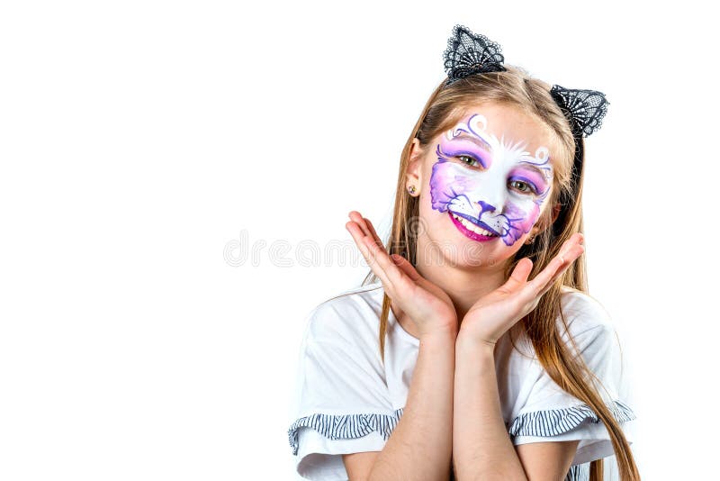青少年的女孩画象有猫面孔绘画的 库存图片