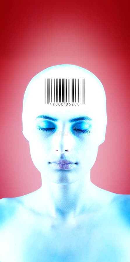 Futuristic portrait of a teenage girl with bar code on her forehead. Eyes are closed. Isolated on red background, blue tint. Futuristic portrait of a teenage girl with bar code on her forehead. Eyes are closed. Isolated on red background, blue tint.