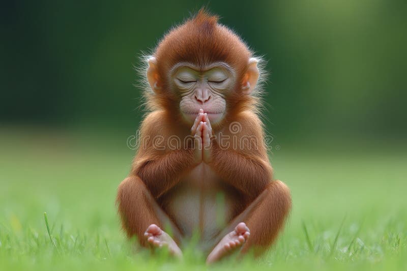 青草上瑜伽姿势中沉思的可爱小猴 免版税库存照片