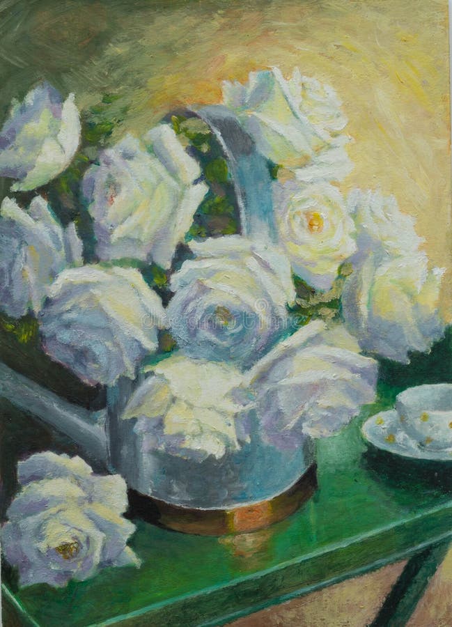 静物画与白玫瑰的油画在喷壶和茶库存例证. 插画包括有特写镜头, 淡色