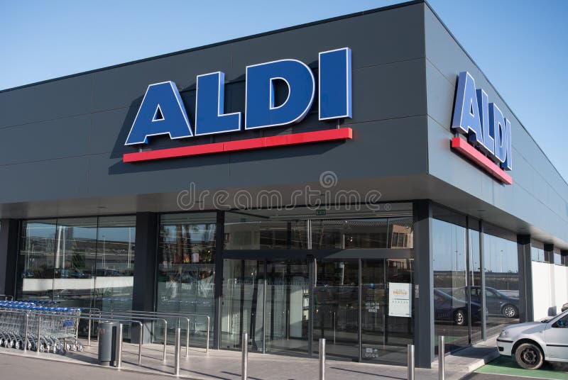 Very new Aldi (Europes greatest discounter group) discounter shop with new symbol and sign in Spain. Very new Aldi (Europes greatest discounter group) discounter shop with new symbol and sign in Spain