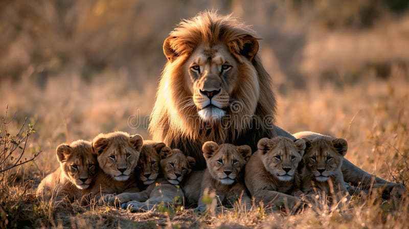 非洲草原的皇家家族：一头雄狮和它的小狮崽 图库摄影