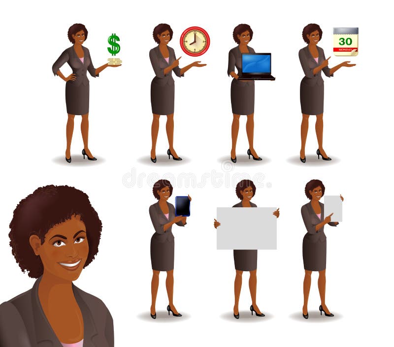 Set of smiling African American businesswoman. Cute girl in suit standing in different presentation poses: with dollars, clock, laptop, tablet, calendar, placard, sheet of paper. Vector illustration isolated on white background. Set of smiling African American businesswoman. Cute girl in suit standing in different presentation poses: with dollars, clock, laptop, tablet, calendar, placard, sheet of paper. Vector illustration isolated on white background.