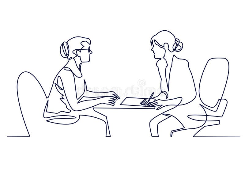 Job interview - vector modern simple one line design composition with recruiter and candidate. Continuous Line Drawing of Two women are talking at the table. Job interview - vector modern simple one line design composition with recruiter and candidate. Continuous Line Drawing of Two women are talking at the table