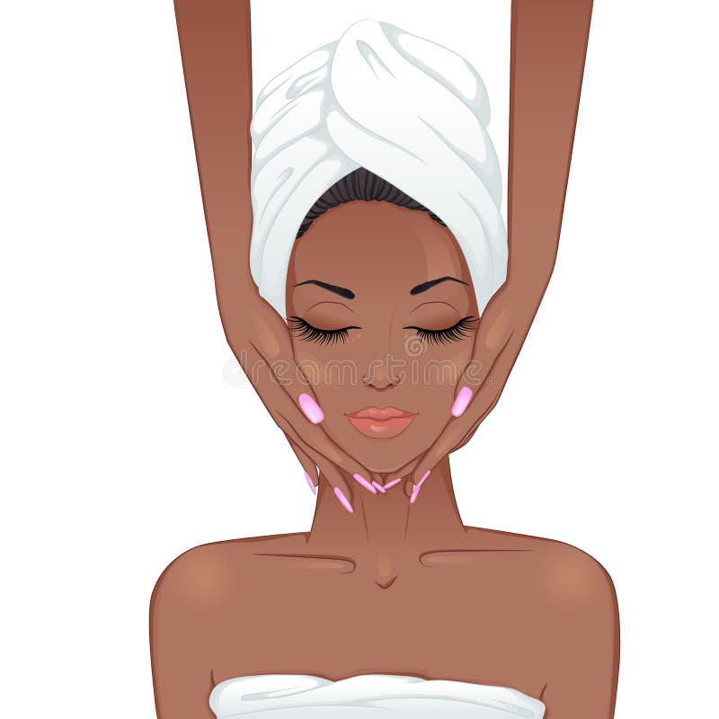 Spa procedures and cosmetology. Portrait of a beautiful african american girl, who is doing face massage. Vector illustration isolated on white background. Spa procedures and cosmetology. Portrait of a beautiful african american girl, who is doing face massage. Vector illustration isolated on white background