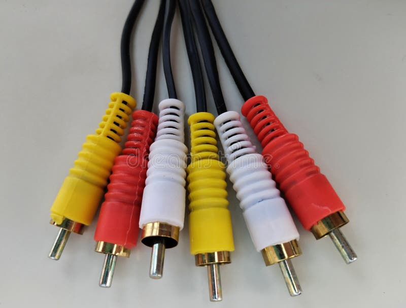 Audio video cable RCA to 3.5mm jack. RCA cable connector, RCA connector on white Background, Red white Yellow connector Jack,. Audio video cable RCA to 3.5mm jack. RCA cable connector, RCA connector on white Background, Red white Yellow connector Jack,