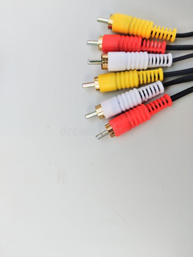 Audio video cable RCA to 3.5mm jack. RCA cable connector, RCA connector on white Background, Red white Yellow connector Jack,. Audio video cable RCA to 3.5mm jack. RCA cable connector, RCA connector on white Background, Red white Yellow connector Jack,