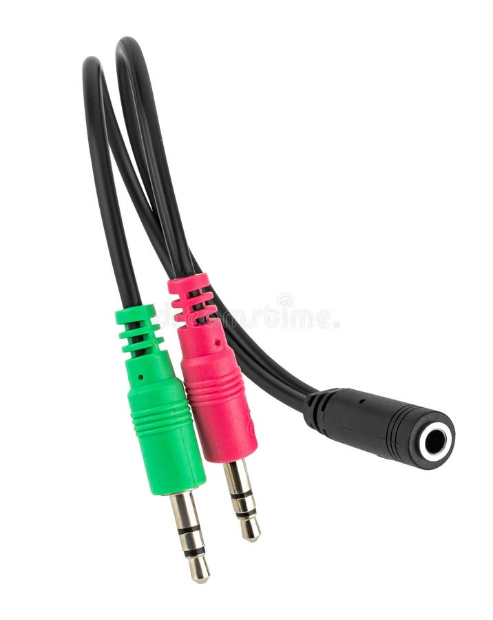 Audio Adapter Adapter Cable, 3.5mm Audio and Microphone for Computer on white background. Audio Adapter Adapter Cable, 3.5mm Audio and Microphone for Computer on white background