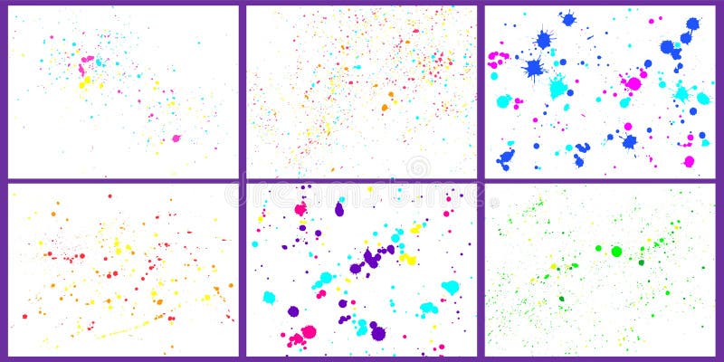 Color paint splatter background. Paint bright splashes and drops. Decorative abstract brush inkblots set. Stains and splashes on white. Colorful dirty watercolor splats vector illustration. Color paint splatter background. Paint bright splashes and drops. Decorative abstract brush inkblots set. Stains and splashes on white. Colorful dirty watercolor splats vector illustration