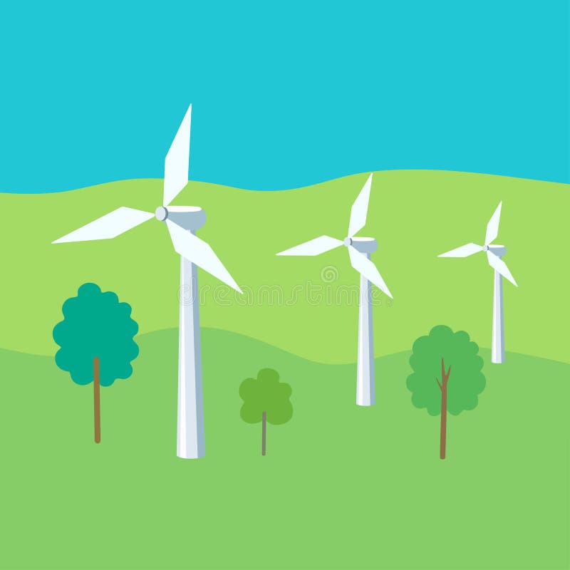 风力涡轮机. 可再生能源. 绿色背景中的风力发电站. 生态能源工业概念.