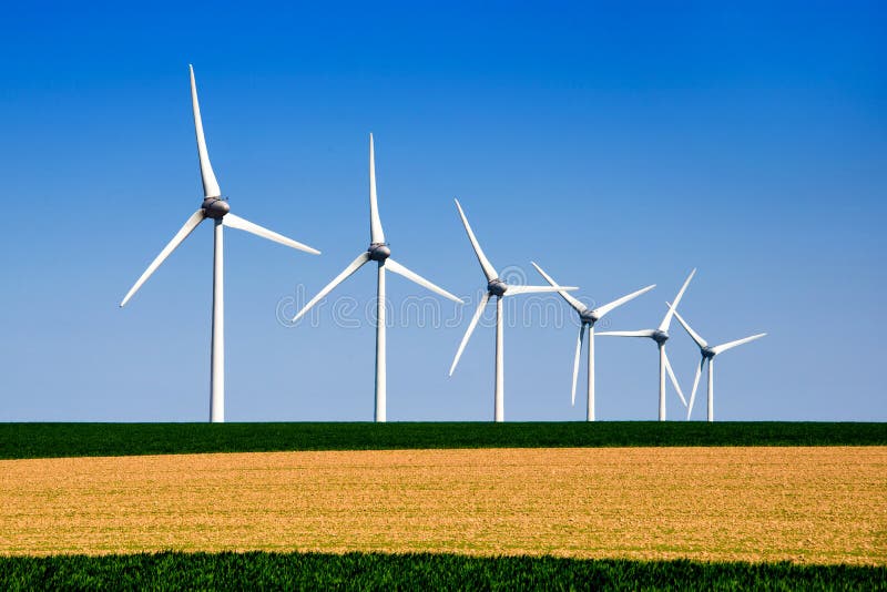 Graphic modern landscape of wind turbines aligned in a green and yellow field. Graphic modern landscape of wind turbines aligned in a green and yellow field