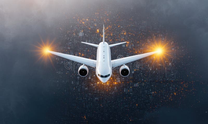 飞机在城市上空飞行，令人叹为观止的照明空景 皇族释放例证