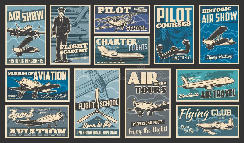 Plane flying and aircraft flight, aviation vintage retro retro posters, vector. Airplane aviators academy and pilot flights school, historic planes and aviation museum, travel and charter flights. Plane flying and aircraft flight, aviation vintage retro retro posters, vector. Airplane aviators academy and pilot flights school, historic planes and aviation museum, travel and charter flights