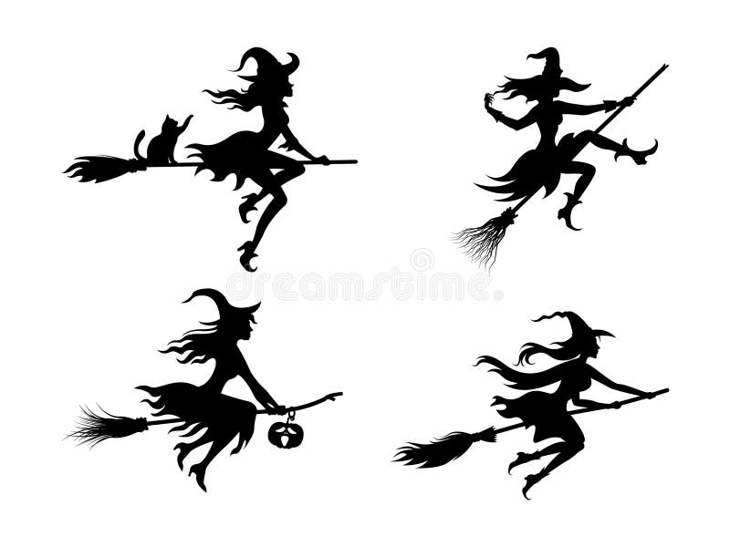 Silhouettes of Witch Girls On Flying Broomsticks. On white background. Silhouettes of Witch Girls On Flying Broomsticks. On white background.