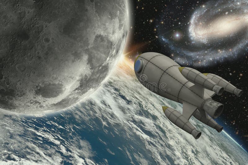 Illustration of rocket flying to the moon- 3D Render - Maps courtesy of Nasa at. Illustration of rocket flying to the moon- 3D Render - Maps courtesy of Nasa at