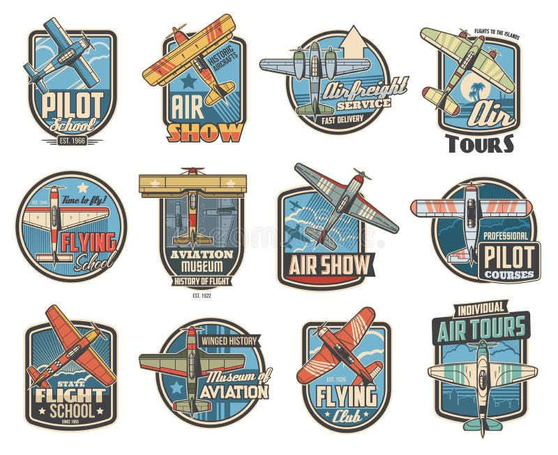 Pilot school and aviation show icons. Air travel tours, historical aircraft museum and airfreight service emblem or badge. Vintage propeller biplane and monoplane, flying retro vector airplane. Pilot school and aviation show icons. Air travel tours, historical aircraft museum and airfreight service emblem or badge. Vintage propeller biplane and monoplane, flying retro vector airplane