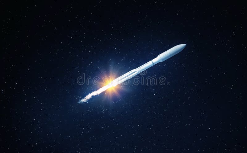 Flying space rocket in the night starry sky. Space exploration background. Elements of this image furnished by NASA. Flying space rocket in the night starry sky. Space exploration background. Elements of this image furnished by NASA.