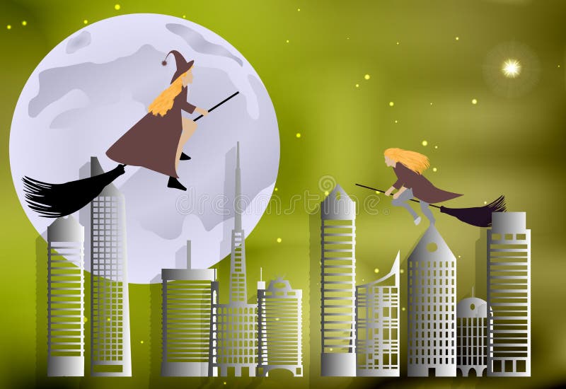 Vector illustration of a witch flying over the city on broomsticks on a moonlit night in Halloween celebration. Vector illustration of a witch flying over the city on broomsticks on a moonlit night in Halloween celebration