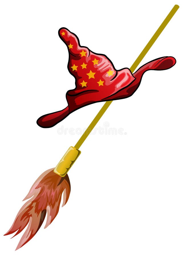 Illustration of magic hat and flying broomsticks. Illustration of magic hat and flying broomsticks