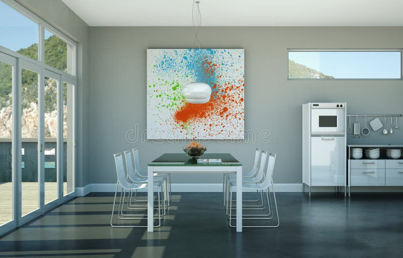 Dining room interior design beach house 3D Illustration. Dining room interior design beach house 3D Illustration