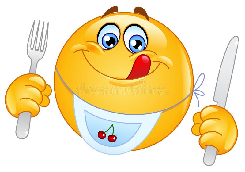 Design of hungry emoticon holding knife and fork. Design of hungry emoticon holding knife and fork