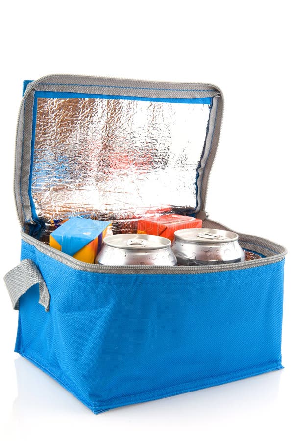Blue coolbox with tins and packets beverages. Blue coolbox with tins and packets beverages