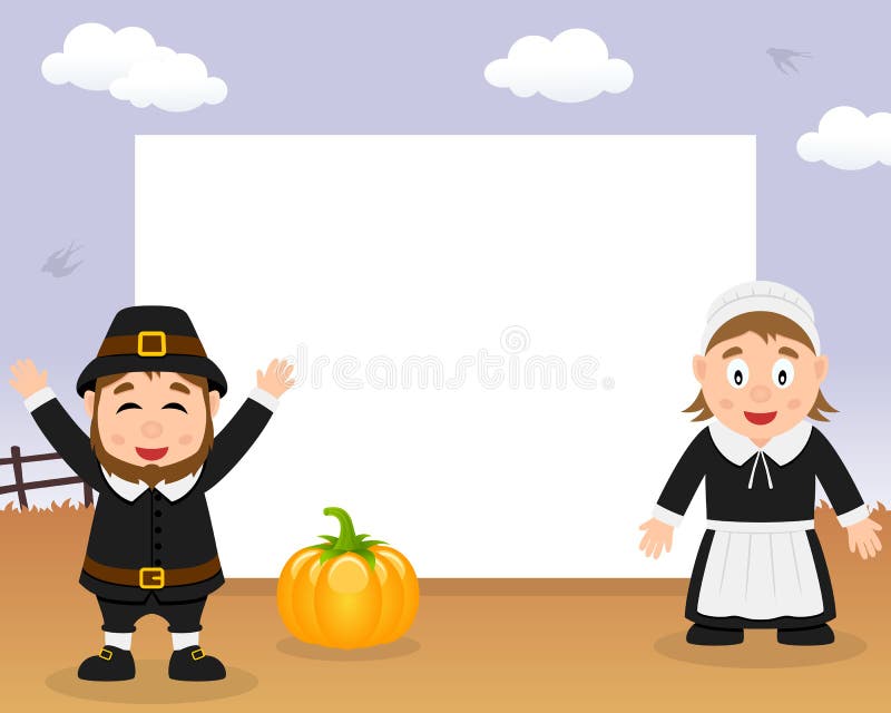 A Happy Thanksgiving Day horizontal photo frame with two cute Pilgrims and a pumpkin in a countryside scene background. Eps file available. A Happy Thanksgiving Day horizontal photo frame with two cute Pilgrims and a pumpkin in a countryside scene background. Eps file available.