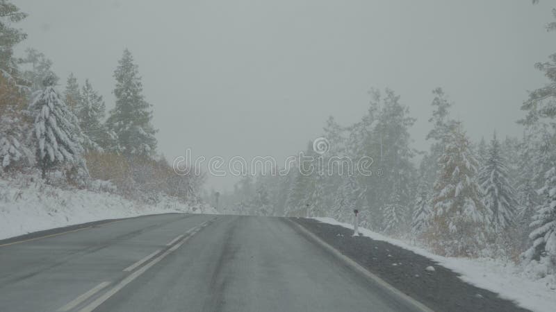 驾驶在冬天山路雪秋天POV的汽车