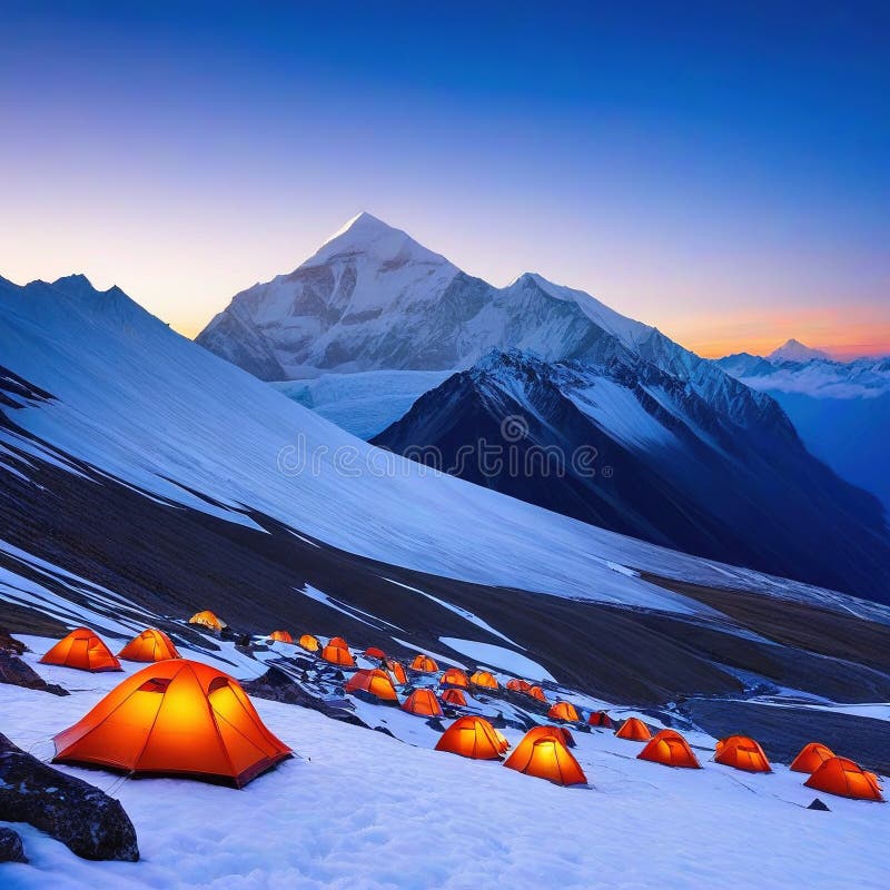 Tent camp and orange tents on the plateau of a mountain the point of acclimatization of climbers before a Made With Generative AI illustration , ai concept. Tent camp and orange tents on the plateau of a mountain the point of acclimatization of climbers before a Made With Generative AI illustration , ai concept