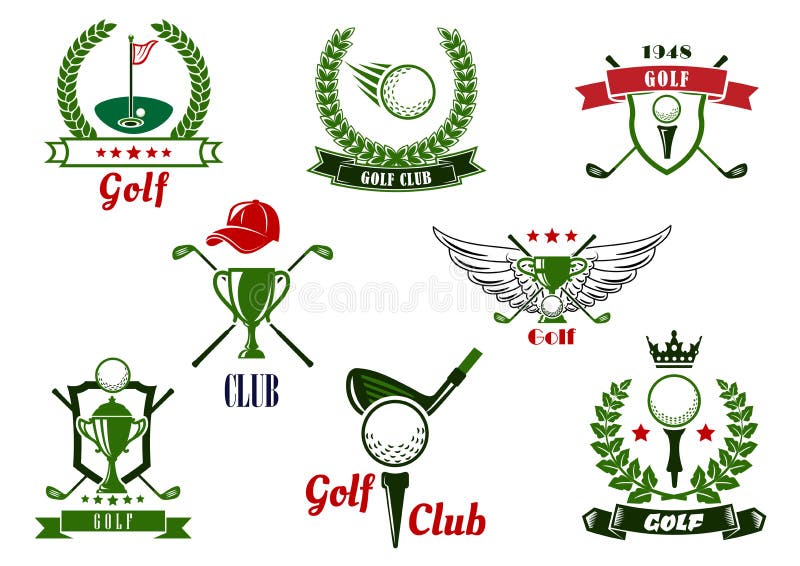 Golf club emblems or logo with balls, clubs, tees, putting green, trophies, supplemented by stars, crown, wings, cap, shields, laurel wreaths and ribbon banners. Golf club emblems or logo with balls, clubs, tees, putting green, trophies, supplemented by stars, crown, wings, cap, shields, laurel wreaths and ribbon banners