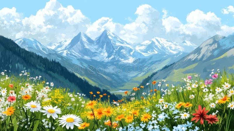 高山草甸梦库存例证. 插画包括有生态, 设计, 花卉, 开花, 山脉, 组塑