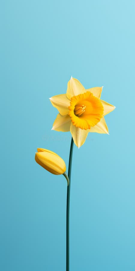 a single daffodil flower, depicted in a hyperrealistic style, stands out against a vibrant blue background. this crisp graphic design showcases playful illustrations with vray tracing, simplified colors, and a graceful balance. ai generated. a single daffodil flower, depicted in a hyperrealistic style, stands out against a vibrant blue background. this crisp graphic design showcases playful illustrations with vray tracing, simplified colors, and a graceful balance. ai generated