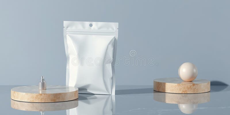 高雅的金质塑料袋模型与三维浮物 — 化妆品医用奢侈包装设计 皇族释放例证
