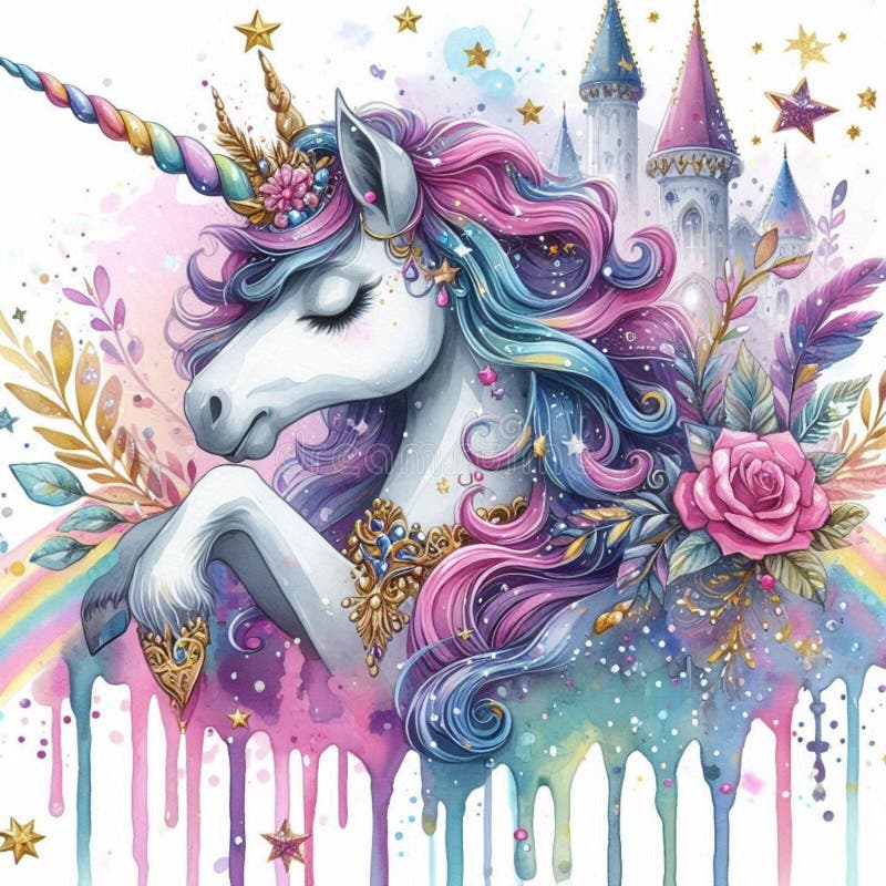 魔幻水彩独角兽，闪闪发亮的口音和奇幻的插图 皇族释放例证