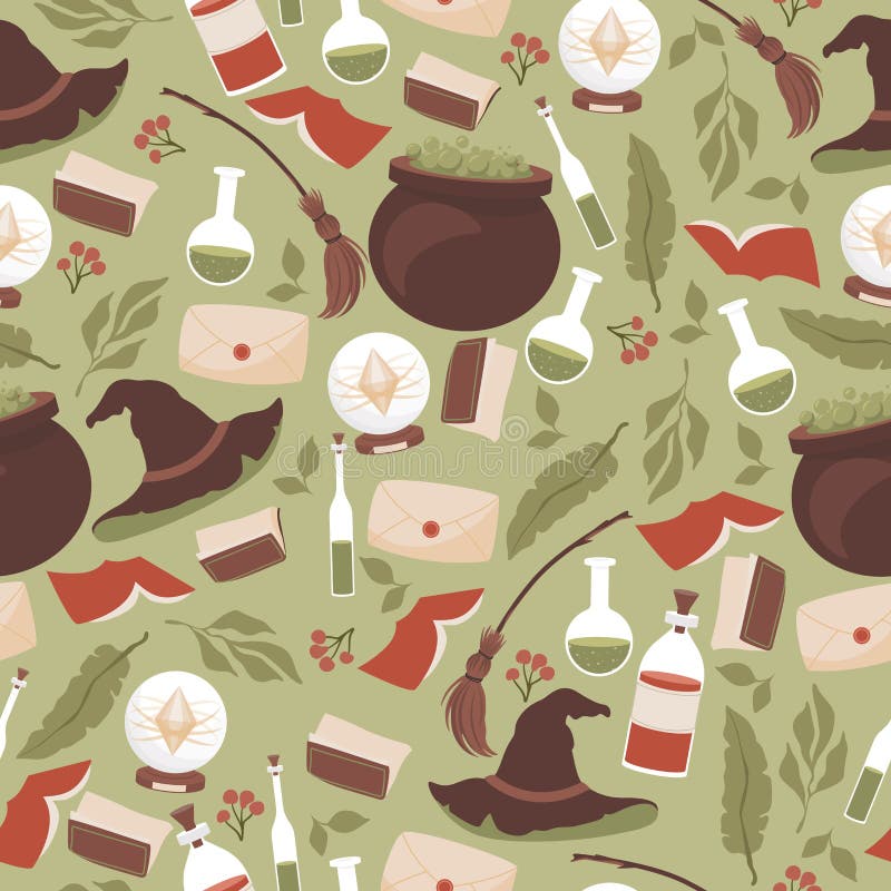 Magic seamless pattern. Preparing poison in cauldron, witch hats, magic books, envelopes, broomsticks, and poison flasks on green background. Halloween magic and wizard party backdrop concept. Magic seamless pattern. Preparing poison in cauldron, witch hats, magic books, envelopes, broomsticks, and poison flasks on green background. Halloween magic and wizard party backdrop concept.