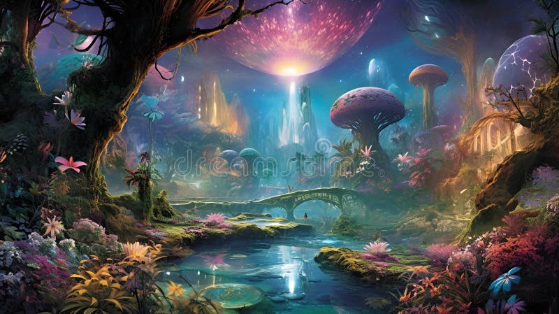 魔法仙林. 魔幻神秘数字绘画. 背景墙纸的ai插图 库存图片