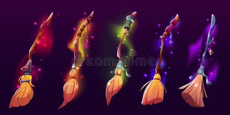 Witch brooms, magic broomsticks for Halloween decoration or witchcraft game. Flying besom with wooden stick, twigs and mystic glow, vector cartoon set isolated on background. Witch brooms, magic broomsticks for Halloween decoration or witchcraft game. Flying besom with wooden stick, twigs and mystic glow, vector cartoon set isolated on background